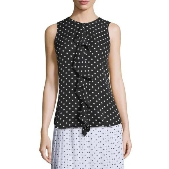 Theory Sheer Polka Dot Ruffle Front Sleeveless Top Black White Large - Picture 2 of 9